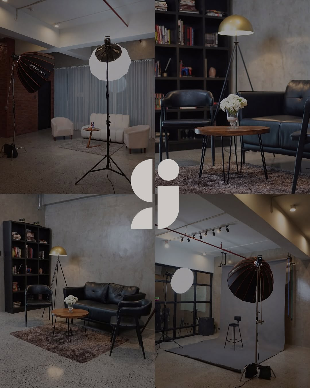Grid of four photos showing different areas of the GN studio, including lighting bays and lounge seating