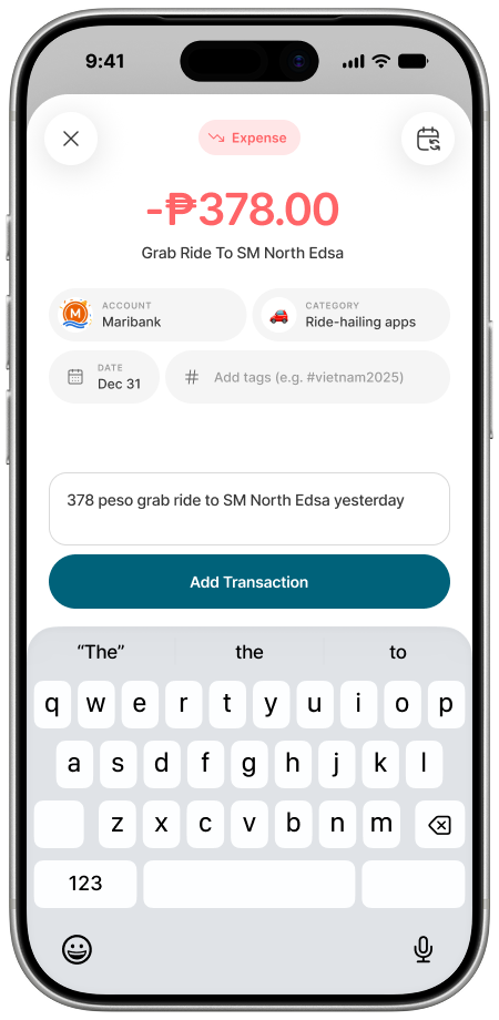 The Cash Captain quick-entry screen showing the typed line "378 peso grab ride to SM North Edsa yesterday" already parsed into a -₱378.00 expense, with account, category, and date fields filled in automatically.
