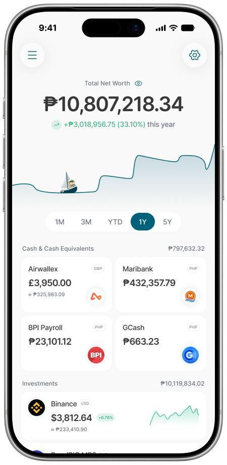 The Cash Captain accounts screen showing total net worth of ₱10,807,218.34 with a one-year growth chart, cash balances across accounts like Airwallex, Maribank, BPI Payroll, and GCash, and an investment holding in Binance.